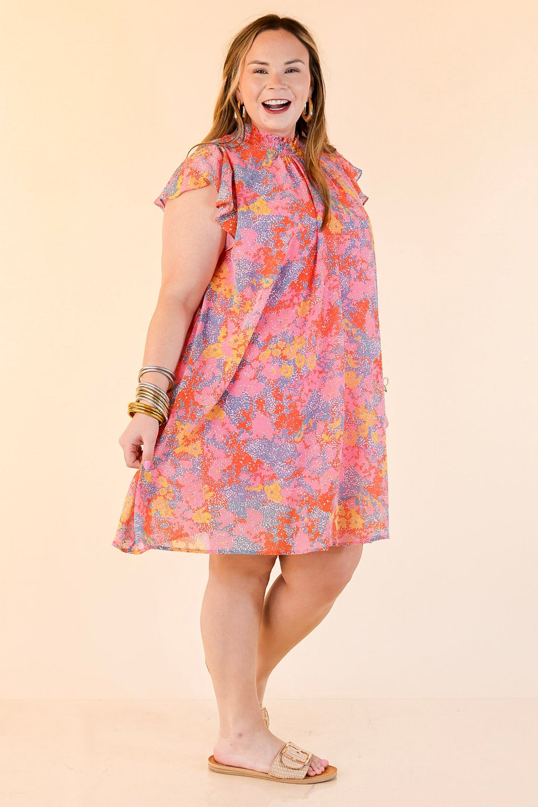 Out On The Town Ruffle Sleeve Floral Dress in Light Pink