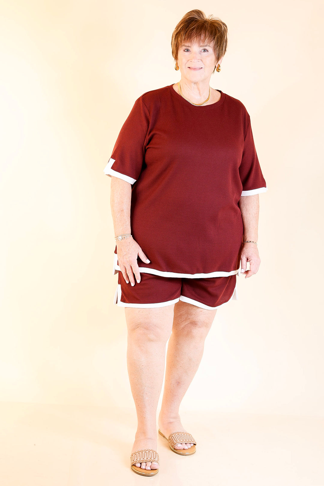 Calm and Collected Matching Set with White Trim in Maroon