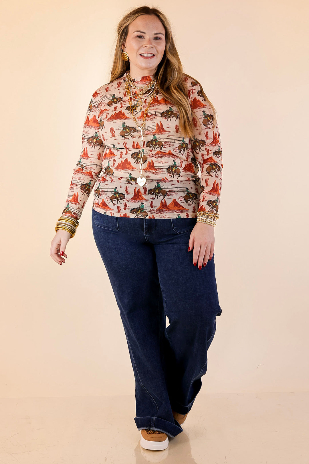 Sheer Confidence Western Red Rocks and Bronc Rider Mesh Long Sleeve Top in Cream