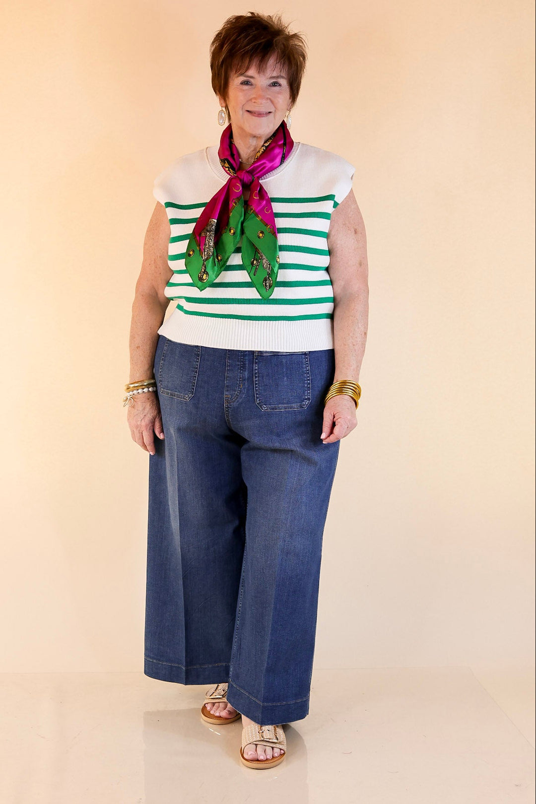 Stripe Things Up Drop Shoulder Knit Sweater in White with Kelly Green Stripes