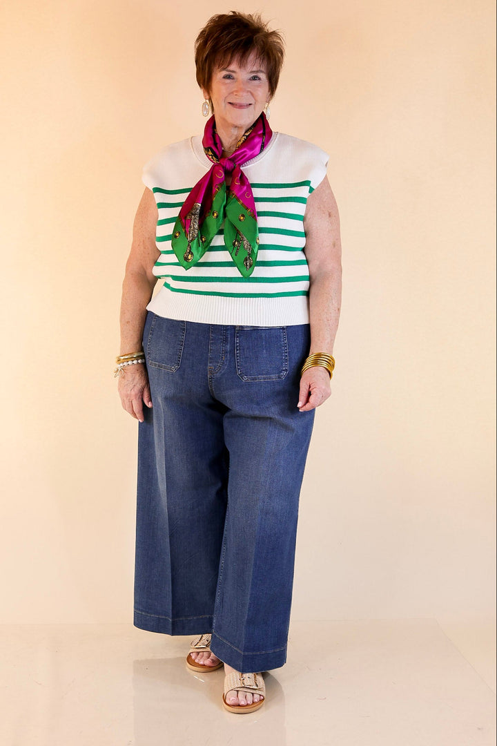 Stripe Things Up Drop Shoulder Knit Sweater in White with Kelly Green Stripes