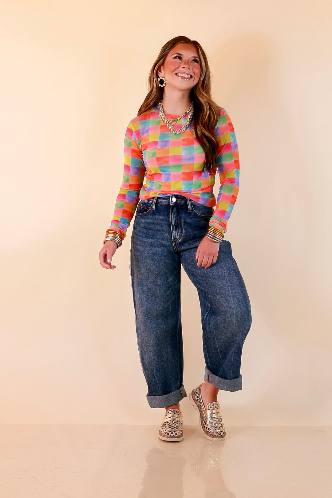 The Essential Layer Watercolor Checkered Print Sheer Mesh Long Sleeve Top in Multicolor