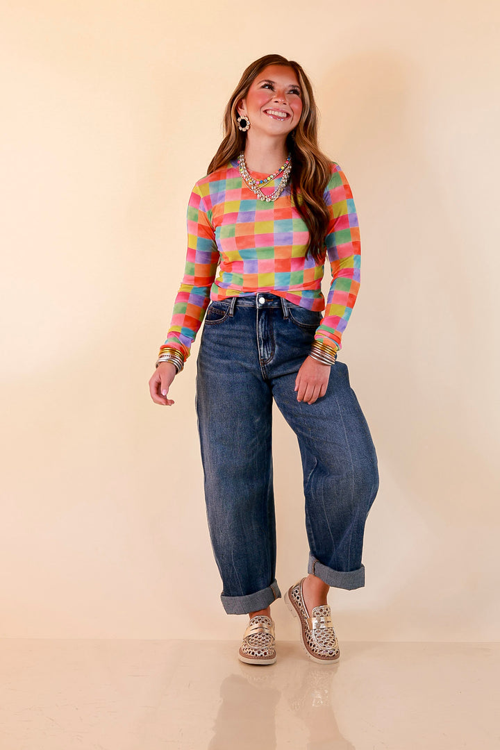 The Essential Layer Watercolor Checkered Print Sheer Mesh Long Sleeve Top in Multicolor