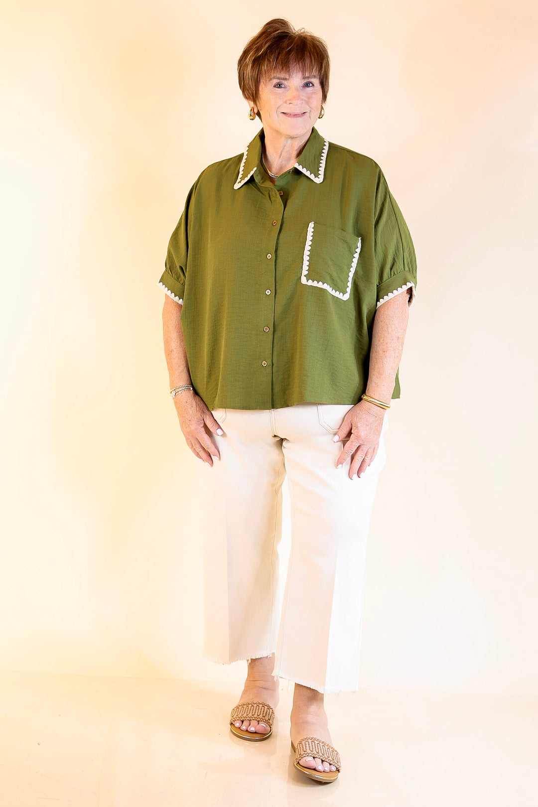 In Good Company Button Up Top with Scalloped Trim Stitching in Olive Green