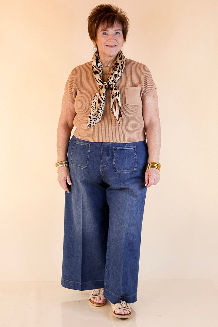 Repeat Worthy Cap Sleeve Cropped Sweater with Front Pocket in Light Brown