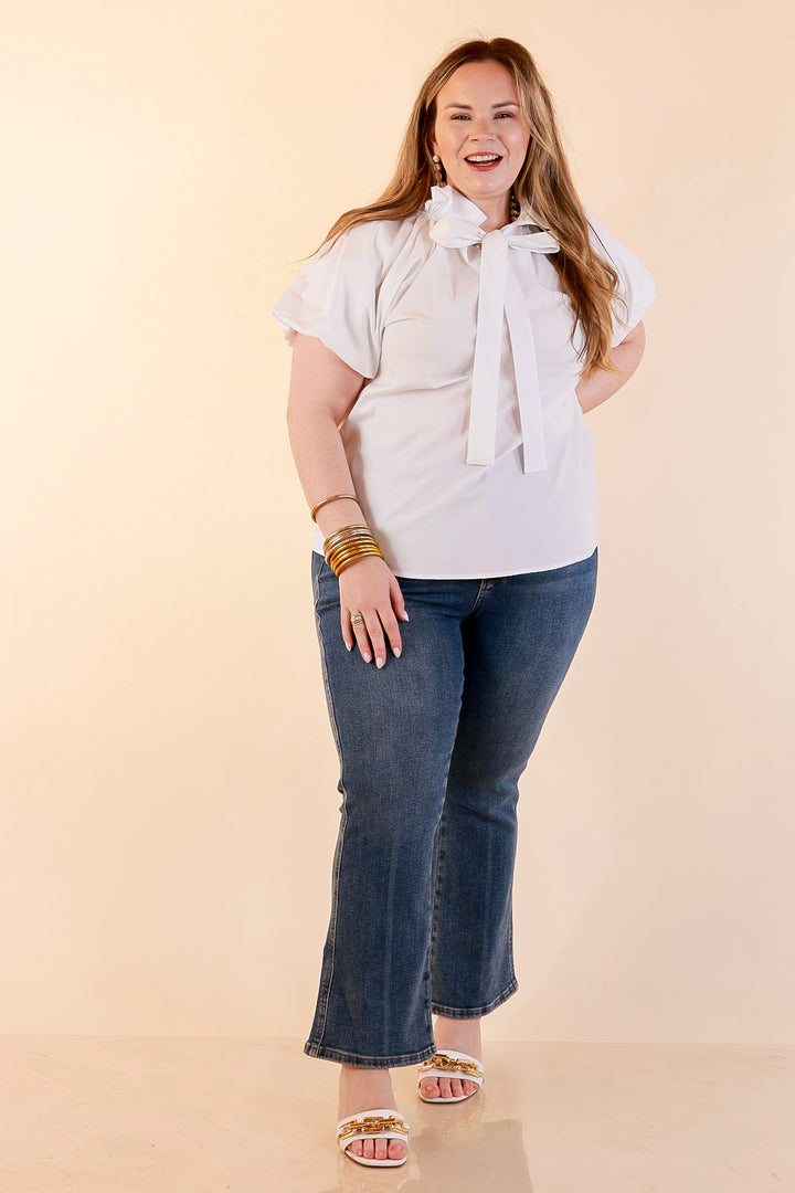 Make It Memorable Short Puff Sleeve Tie Neck Blouse with Gathered Neckline in White