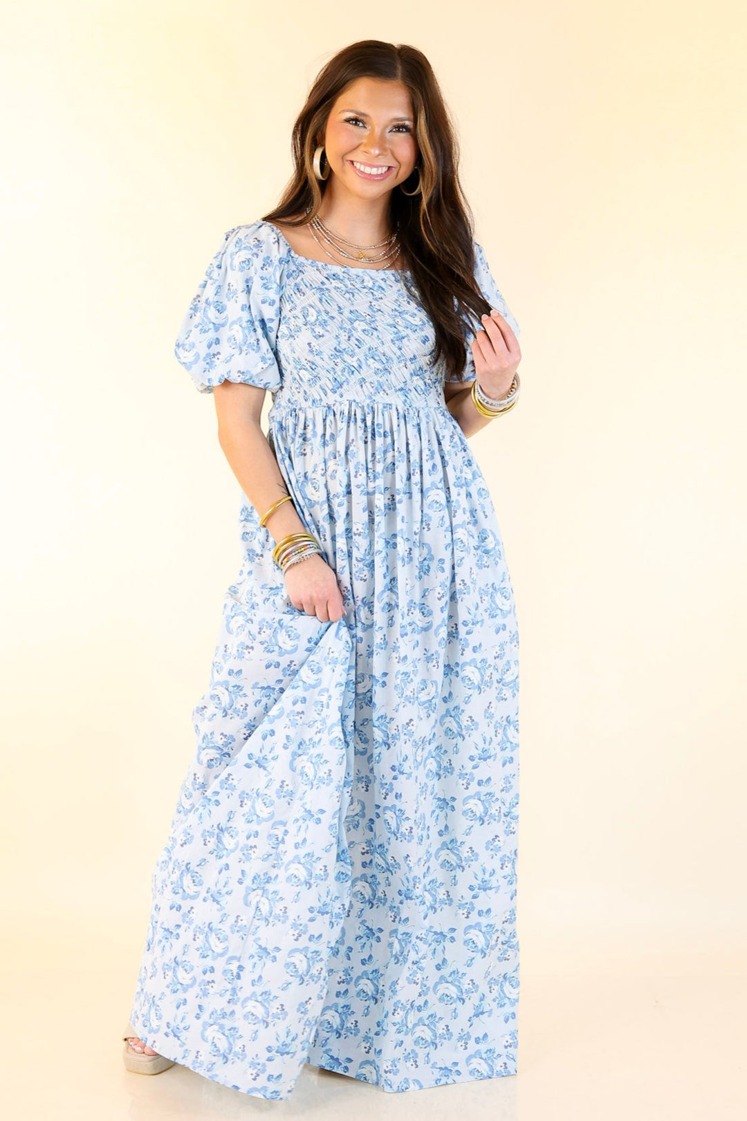 Simply Southern | Ever Enchanting Floral Print Maxi Dress with Short Puff Sleeves in Light Blue Simply Southern | Ever Enchanting Floral Print Maxi Dress with Short Puff Sleeves in Light Blue