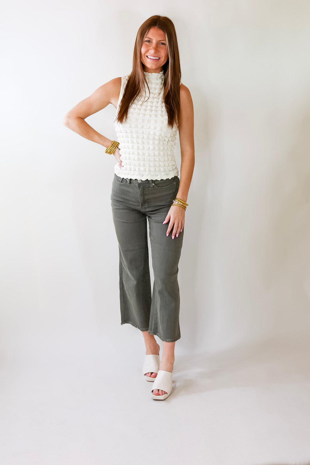 Daring Stares Mock Neck Bubble Tank Top in Ivory - Giddy Up Glamour Boutique