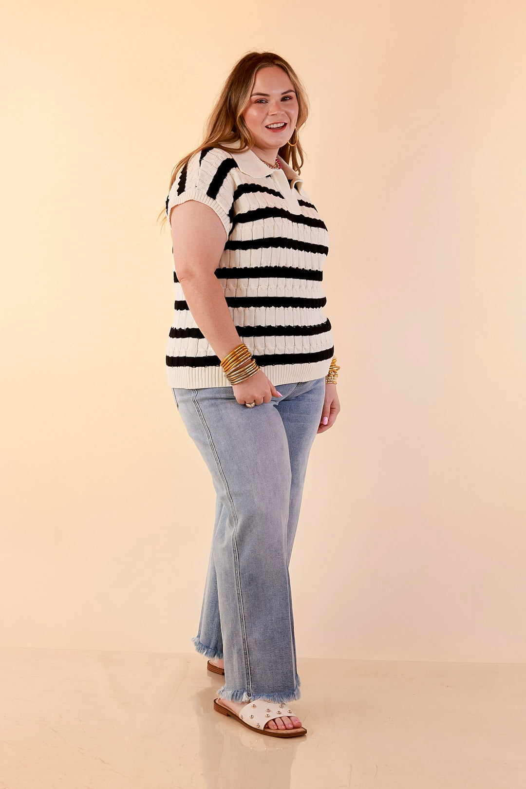 Signature Stripe Drop Shoulder Cable Knit Collared Polo Top in Ivory with Black Stripes