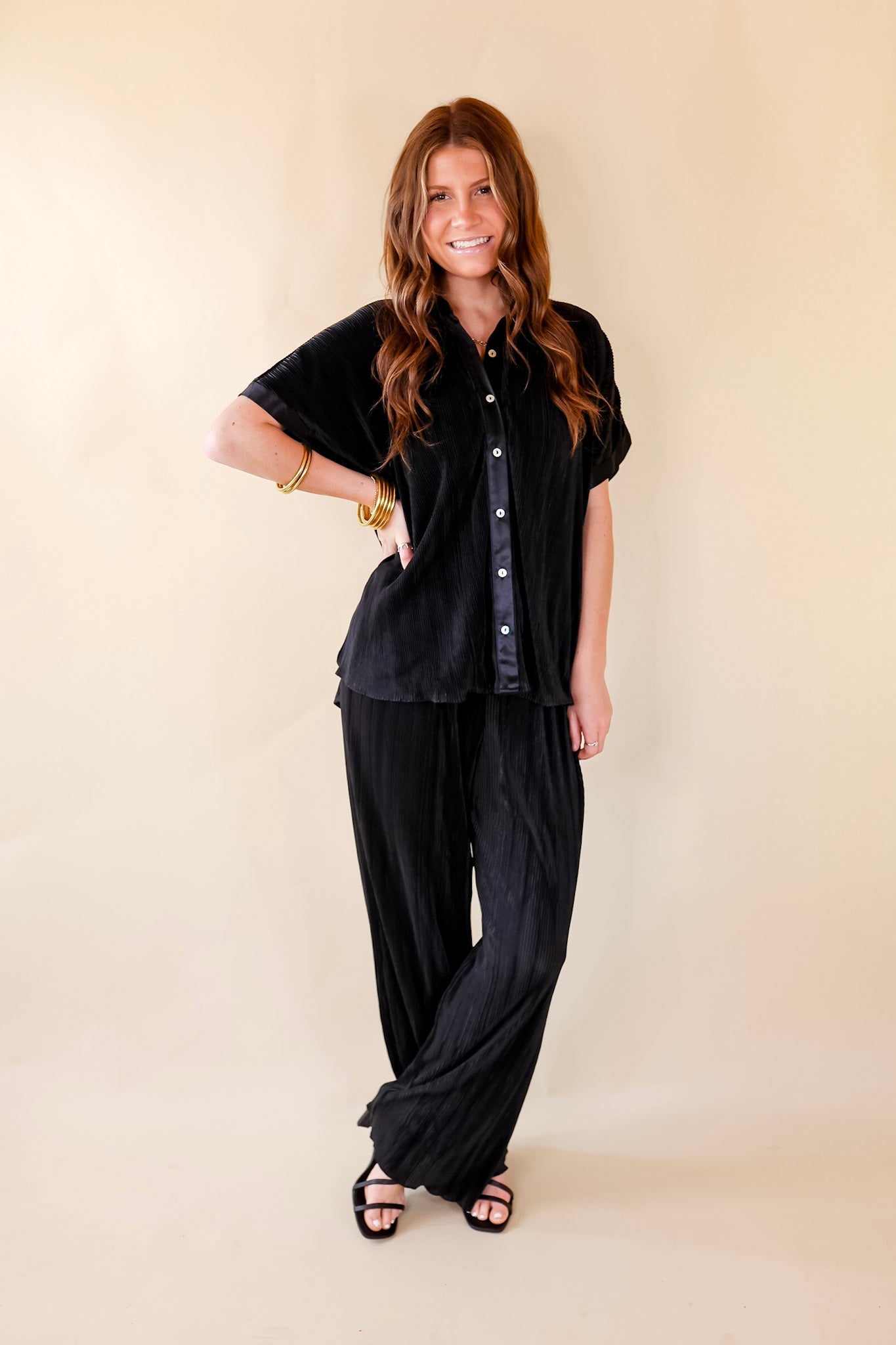 Walking In Paradise Plissé Drawstring Pants in Black - Giddy Up Glamour Boutique