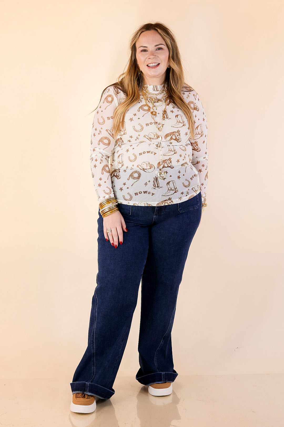 Western Dream Brown Western Icon Print Mesh Long Sleeve Top in Ivory