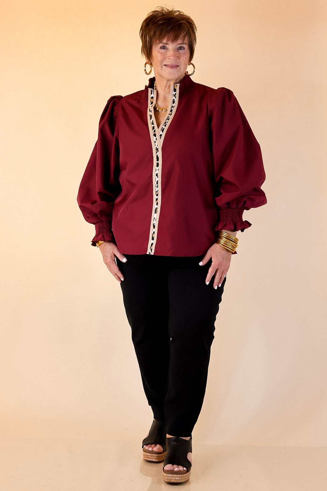 Trimmed in Style Puff Long Sleeve Blouse with Contrast Leopard Trim and Ruffle in Maroon