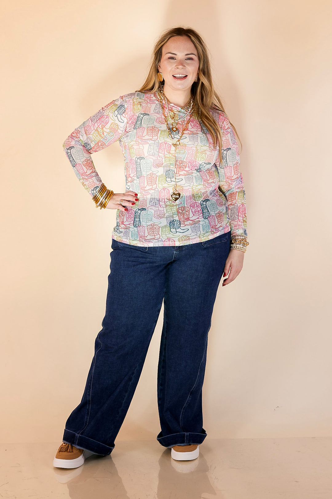 Western Dream Neon Boot Print Mesh Long Sleeve Top in White