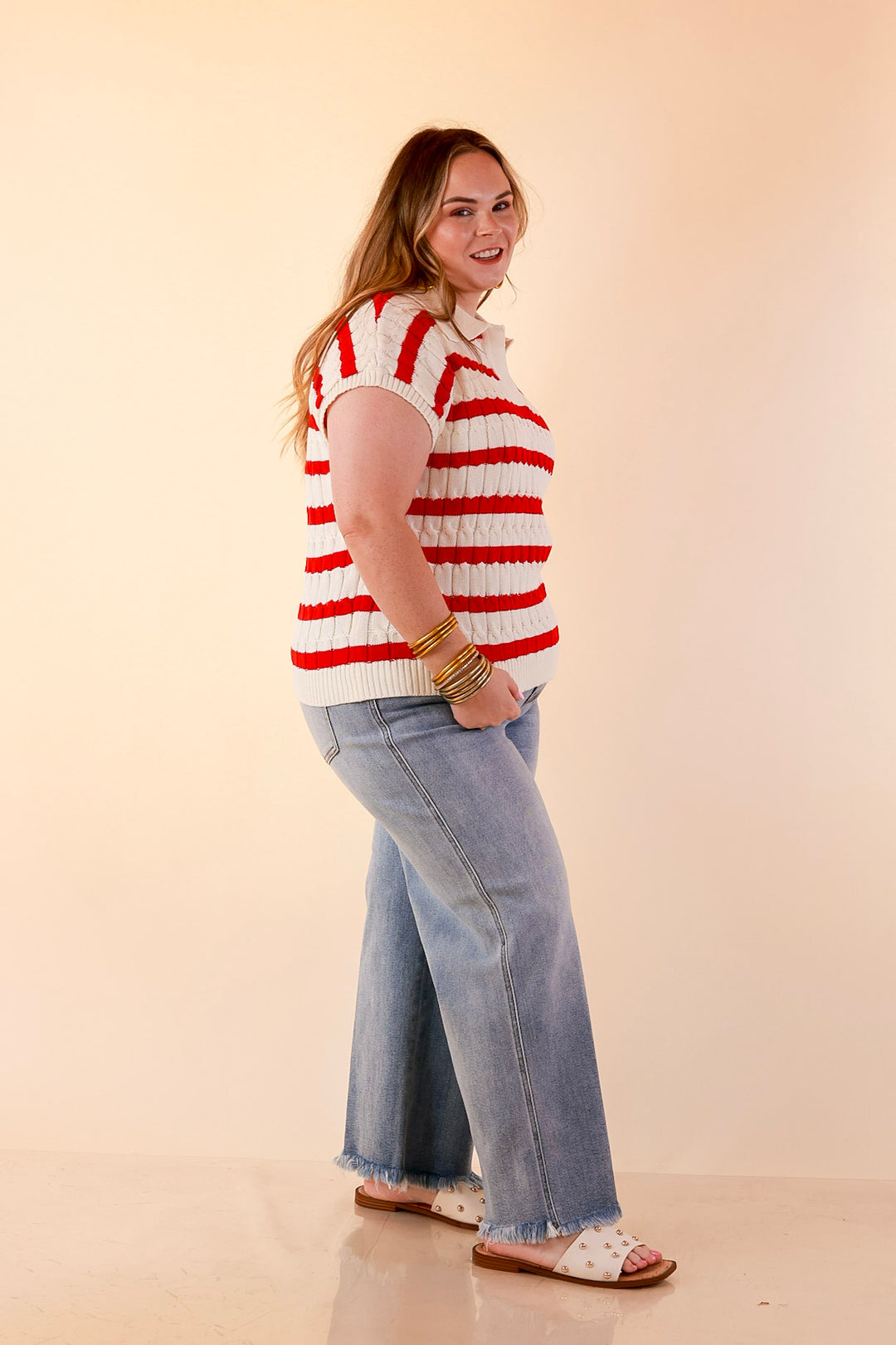 Signature Stripe Drop Shoulder Cable Knit Collared Polo Top in Ivory with Red Stripes