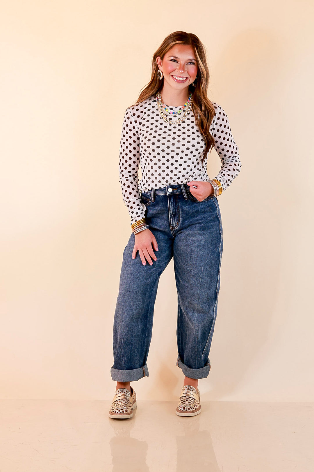 The Essential Layer Black Polka Dot Print Sheer Mesh Long Sleeve Top in White