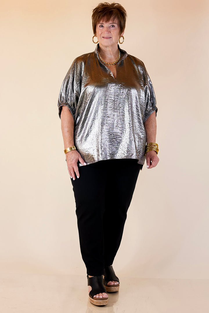 Naturally Stylish Shimmer Metallic Poncho Top in Silver