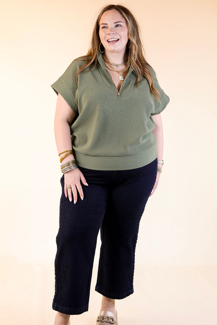 Top Priority Half Zip Collared Ribbed Top in Olive Green