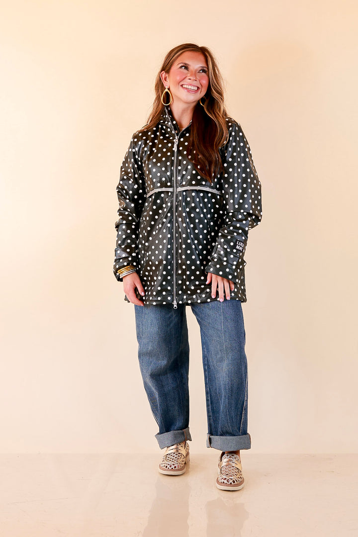 Lulu Mac | Chic Forecast Ivory Polka Dot Hooded Rain Jacket in Black