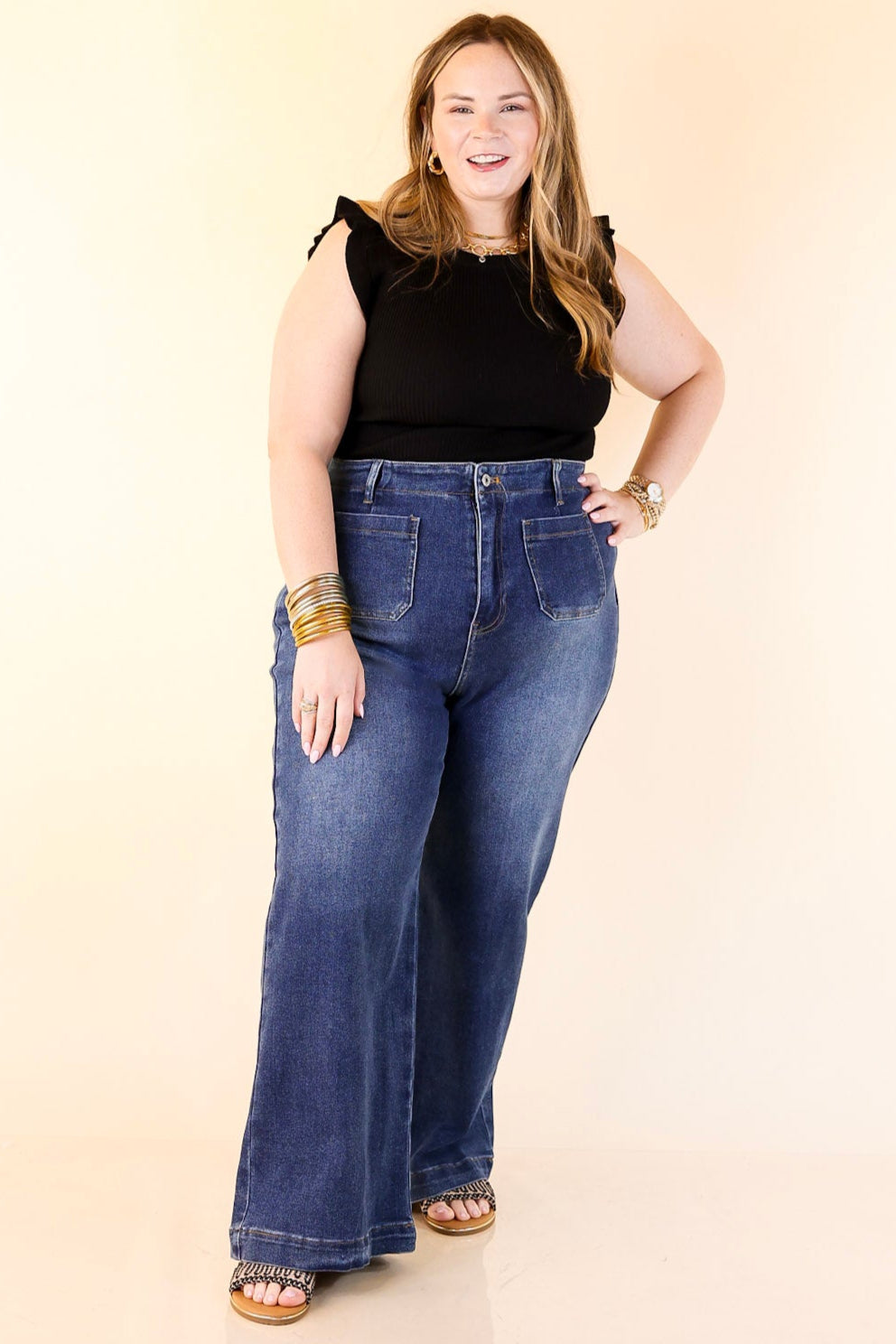 Patch Me In Denim Wide Leg Jean with Front Patch Pocket in Dark Wash