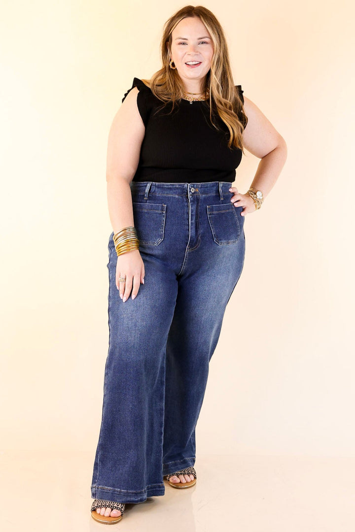 Patch Me In Denim Wide Leg Jean with Front Patch Pocket in Dark Wash