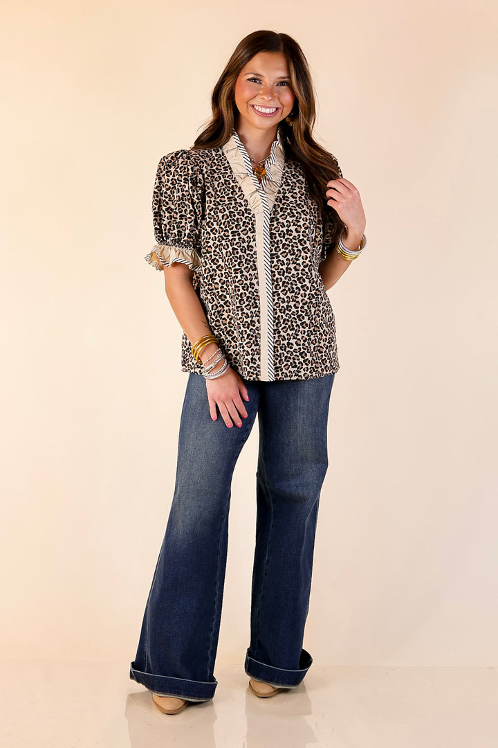 Endless Elegance Ruffled V Neck Leopard Print Top with Stripe Trim in Cream, Brown and Black