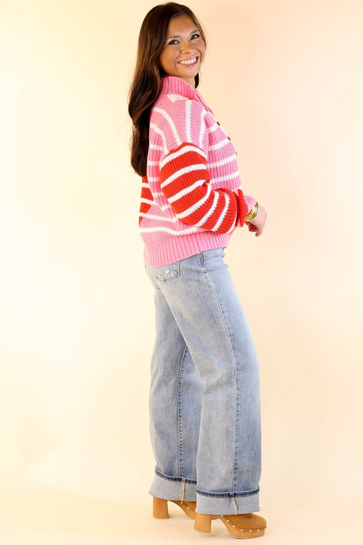 Sweetheart Stripe Half Zip Striped Sweater in Red and Pink