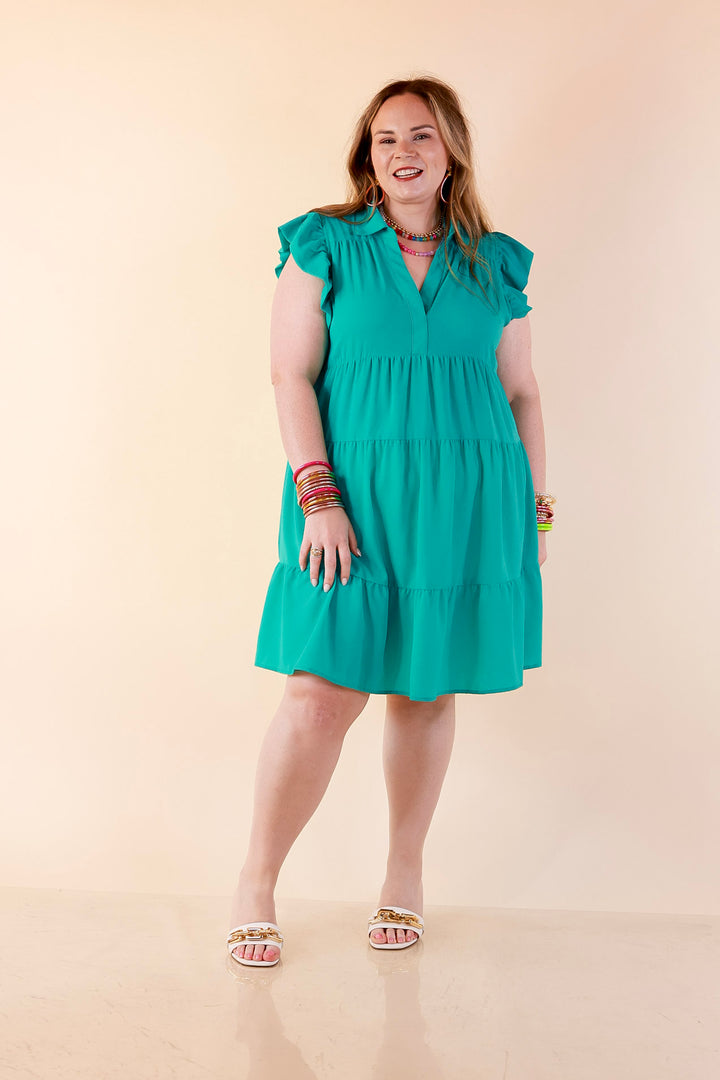 All Of A Sudden Ruffle Cap Sleeve Short Dress in Mint Green