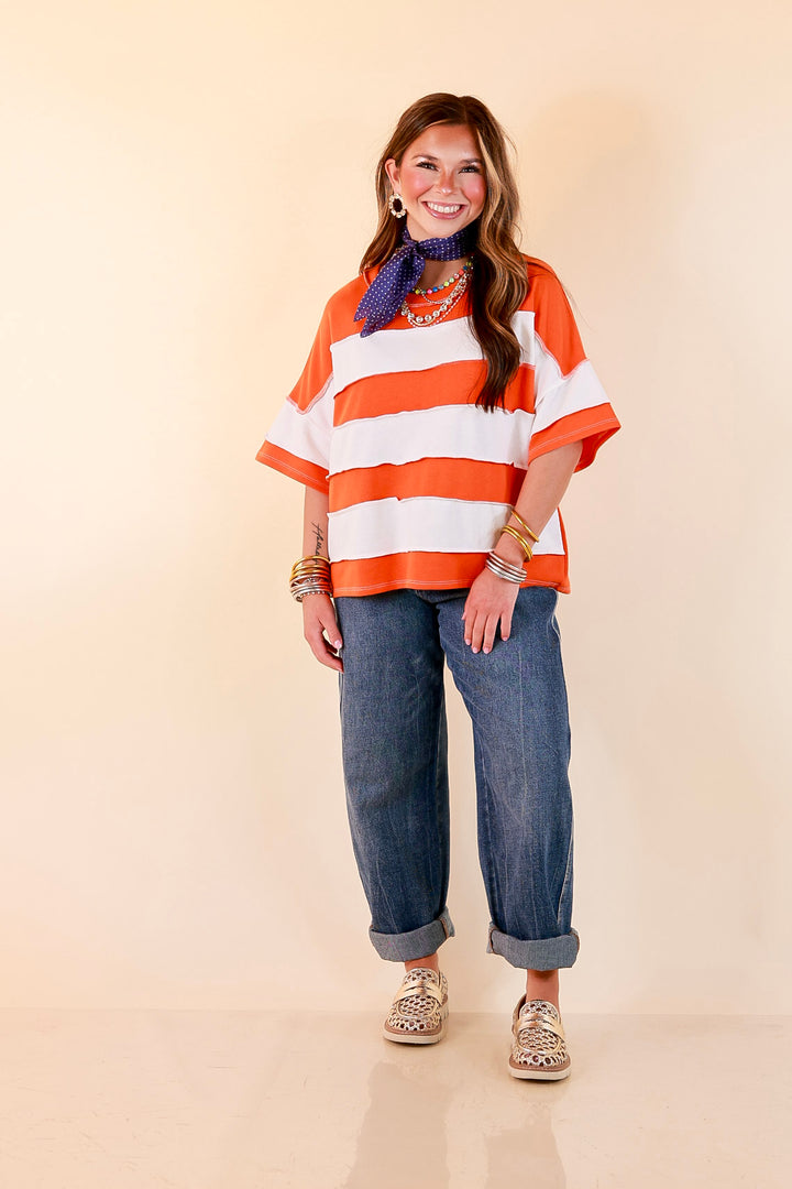 Simply Styled Color Block Rugby Style Relaxed Short Sleeve Top in Orange