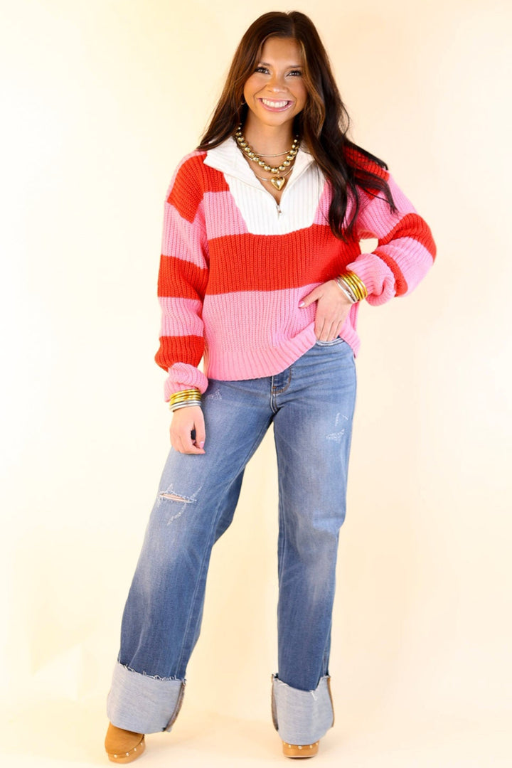 Candy Crush Half Zip Striped Rugby Style Sweater in Red and Pink