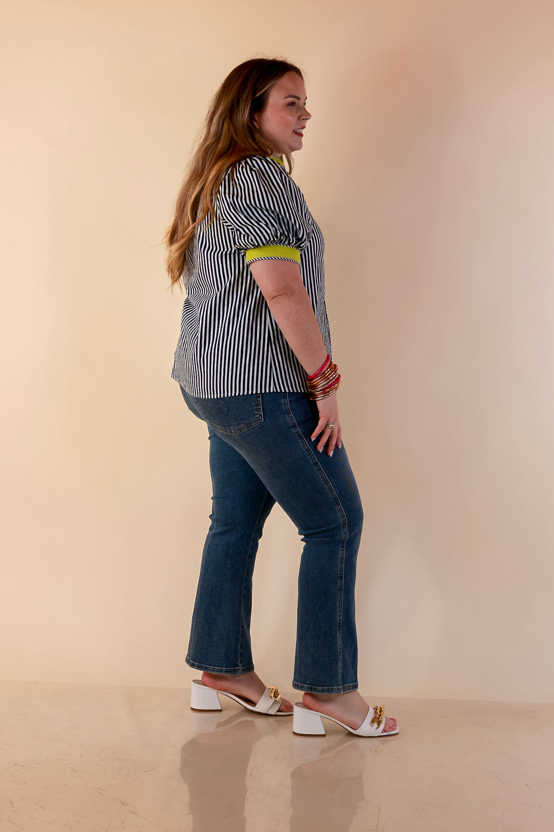 Pop of Polish Short Puff Sleeve Button Front Top with Contrast Trim in Navy Blue, White and Lime