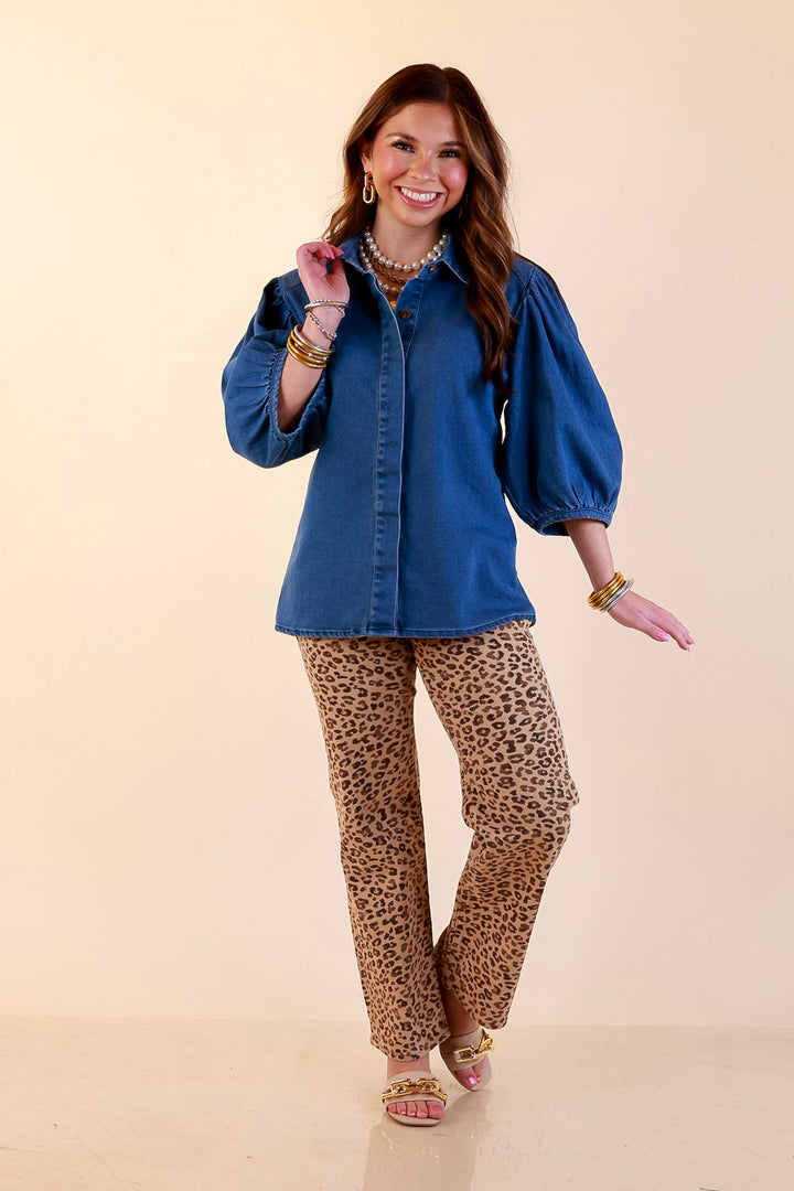 Clean Cut Charm Puff Sleeve Button Front Denim Top with Collar in Medium Wash