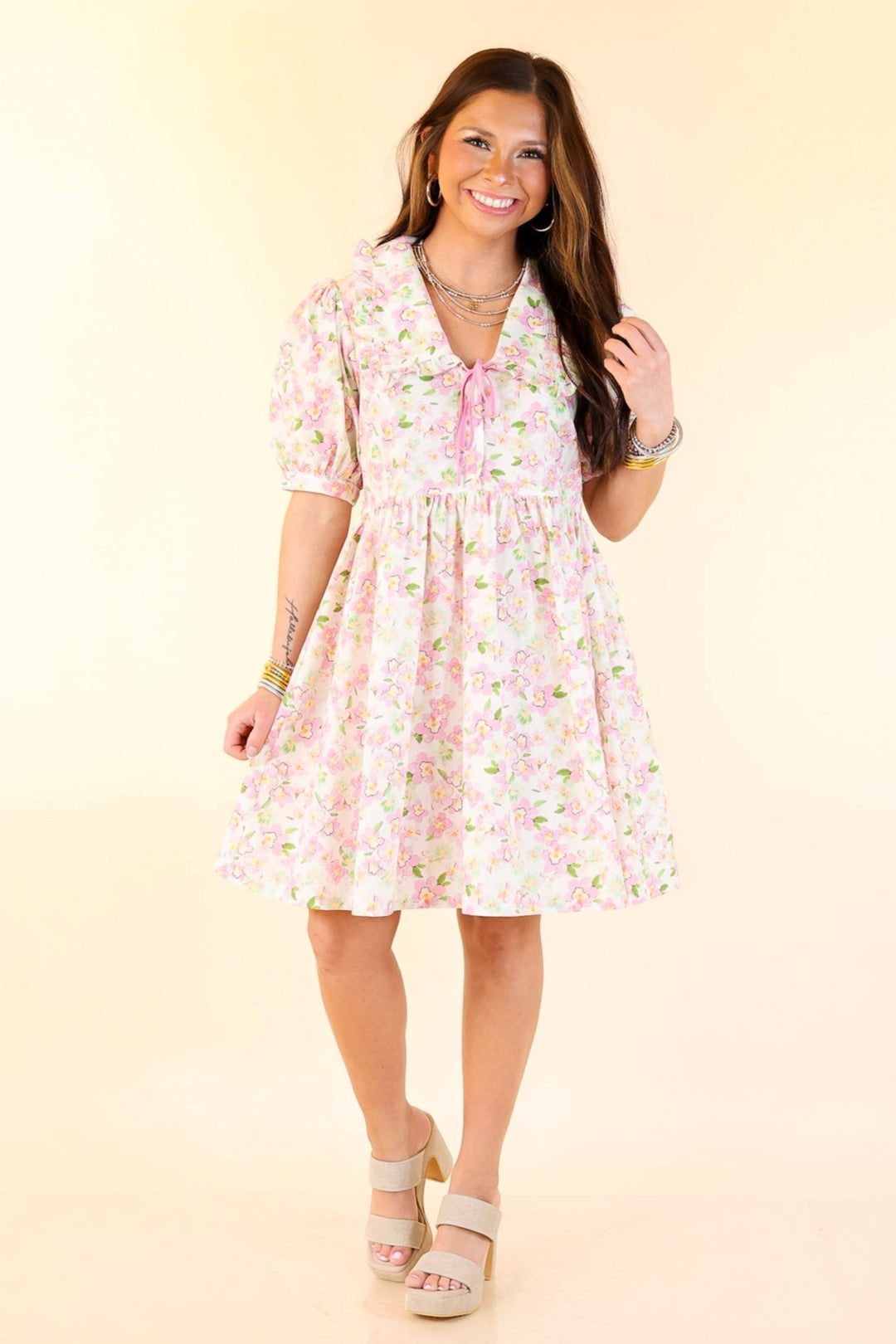 Pretty in Petals Pink Floral Babydoll Dress with Peter Pan Collar in Cream