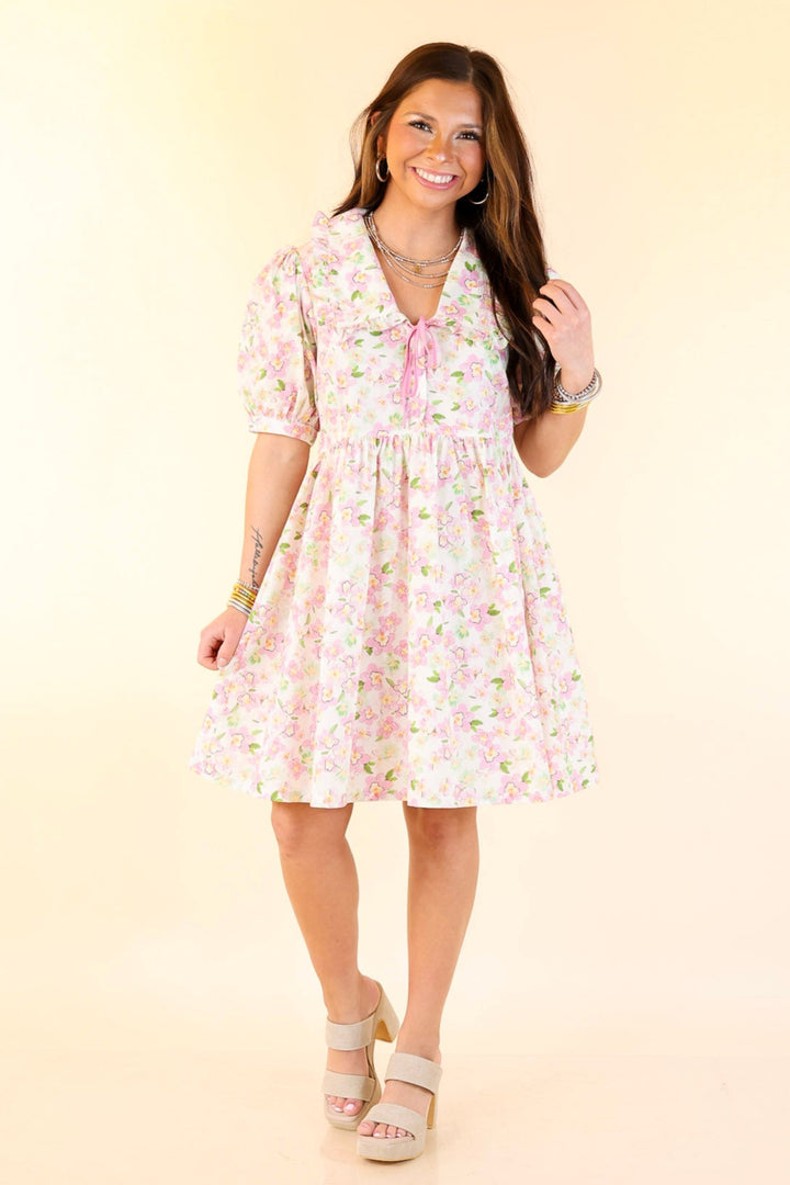 Pretty in Petals Pink Floral Babydoll Dress with Peter Pan Collar in Cream