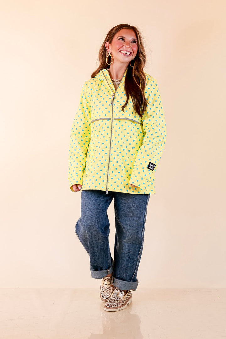 Lulu Mac | Chic Forecast Turquoise Blue Polka Dot Hooded Rain Jacket in Yellow