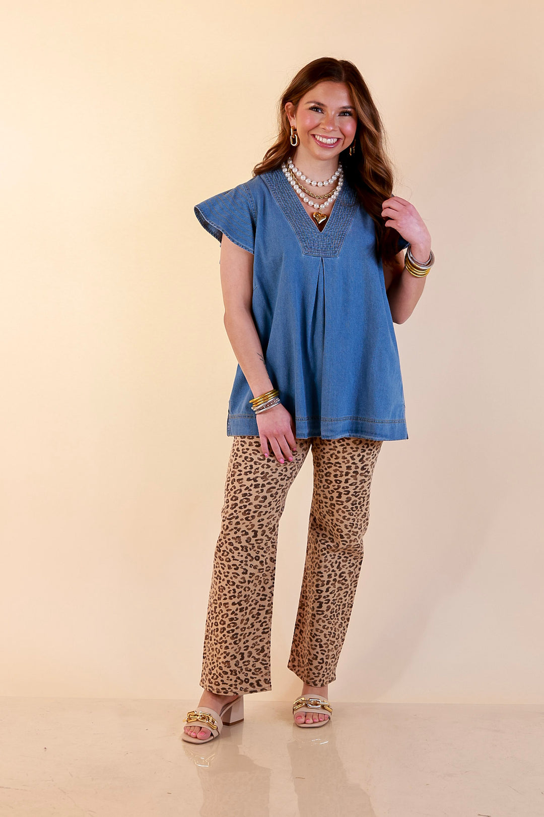 Clean and Collected V Neck Denim Top with Stitch Detail and Drop Shoulder Cap Sleeve in Medium Wash