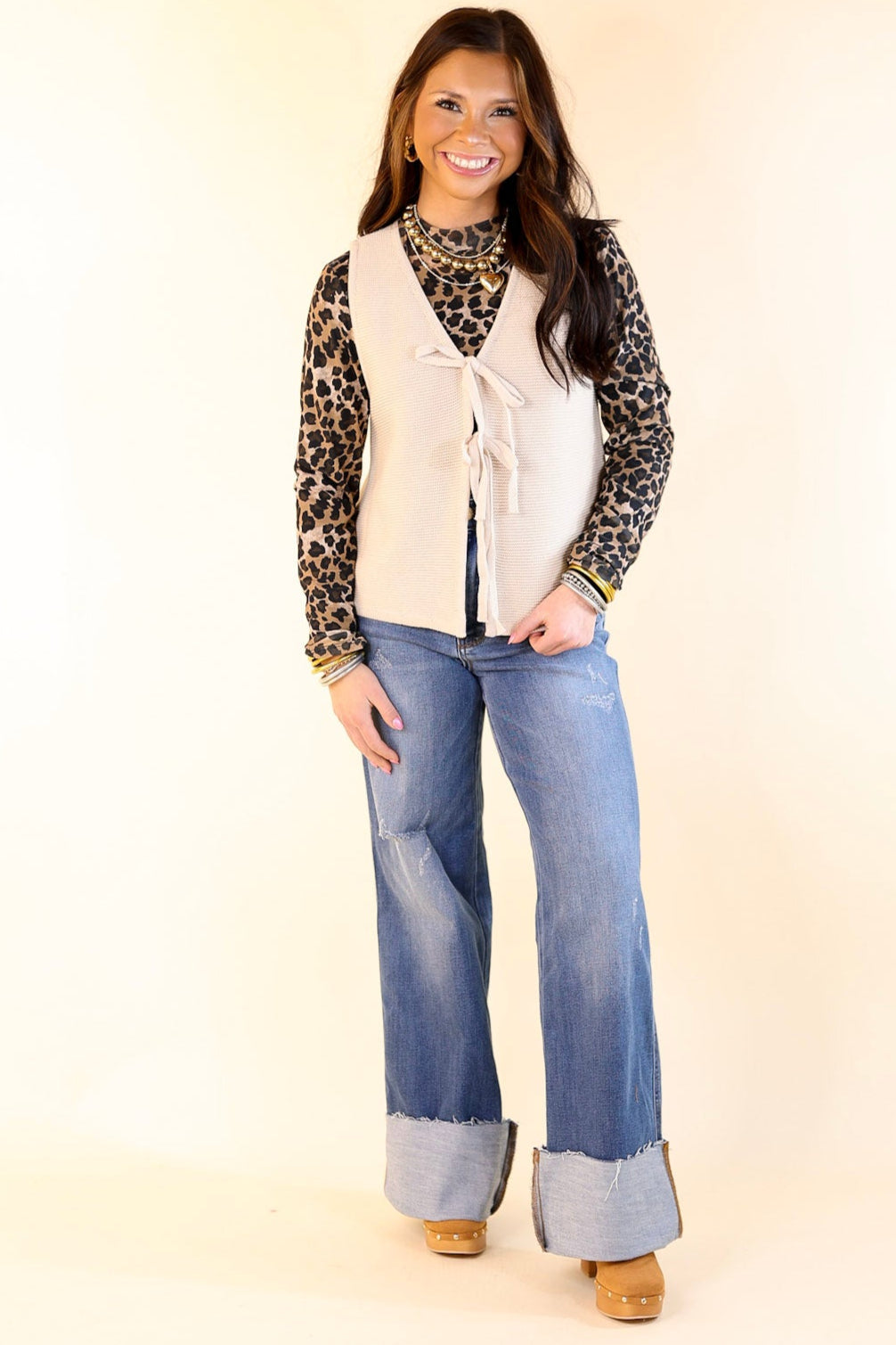 Main Attraction Bow Tie Front Sweater Vest in Natural