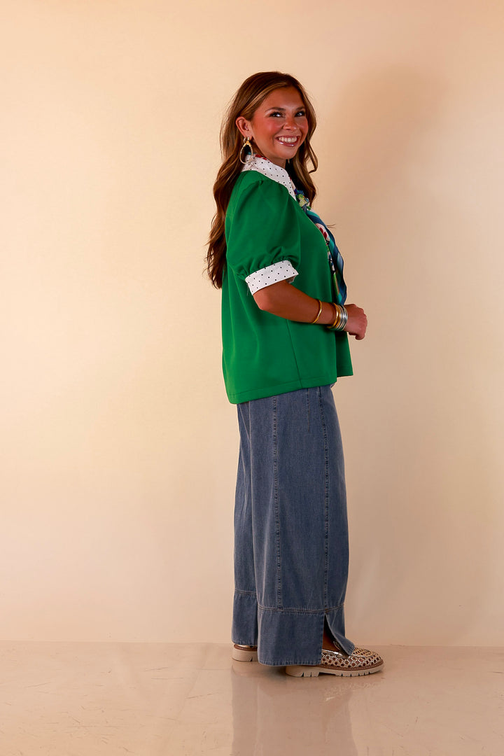 Confidently Yours Contrast Polka Dot Trim Puff Sleeve Top in Kelly Green