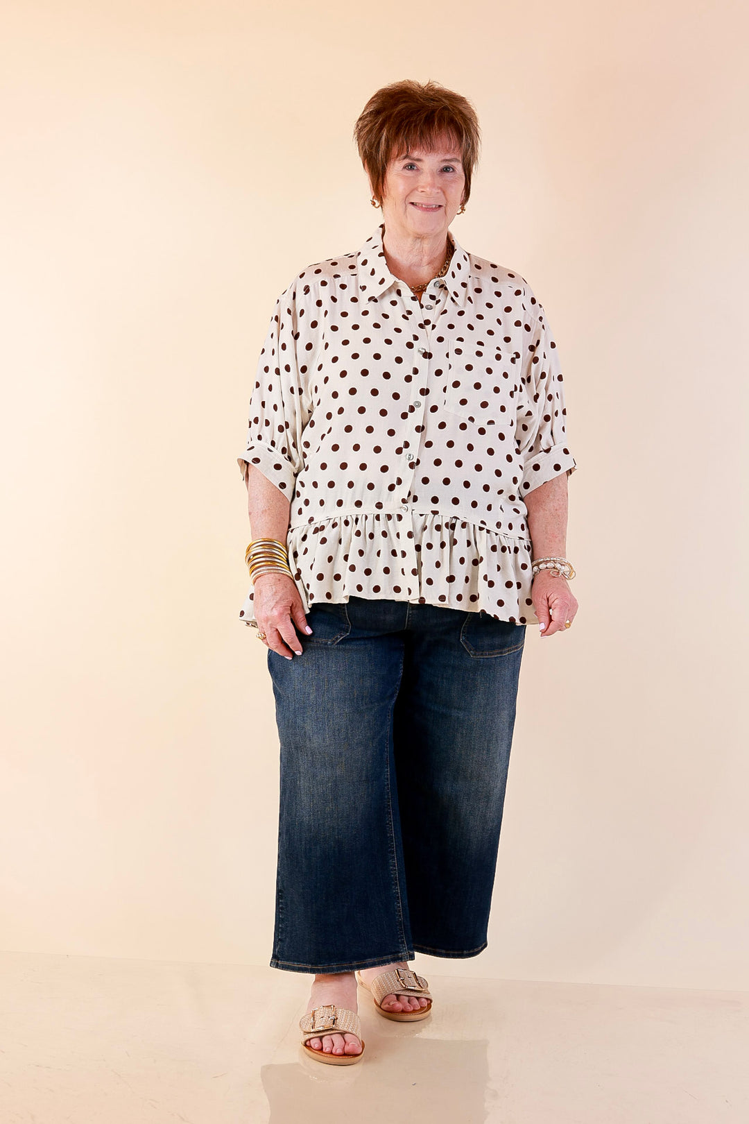 Style Agenda Button Down Peplum Top with Polka Dot Print in Cream and Chocolate Brown