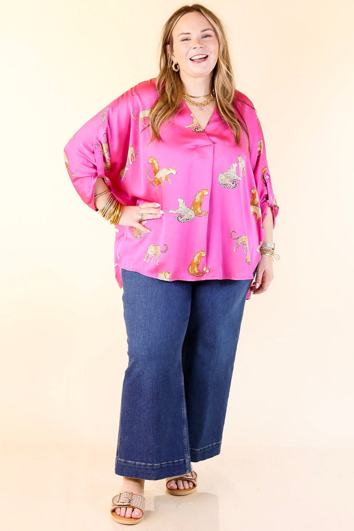 Staying Wild V-Neck Leopard Print 3/4 Sleeve Blouse in Hot Pink