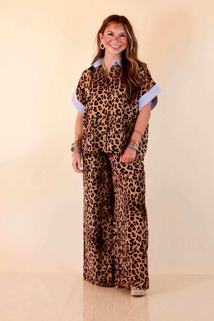 Relaxed Refinement Blue Stripe Detail Button Front Collared Top with Matching Wide Leg Pants Set in Leopard Print