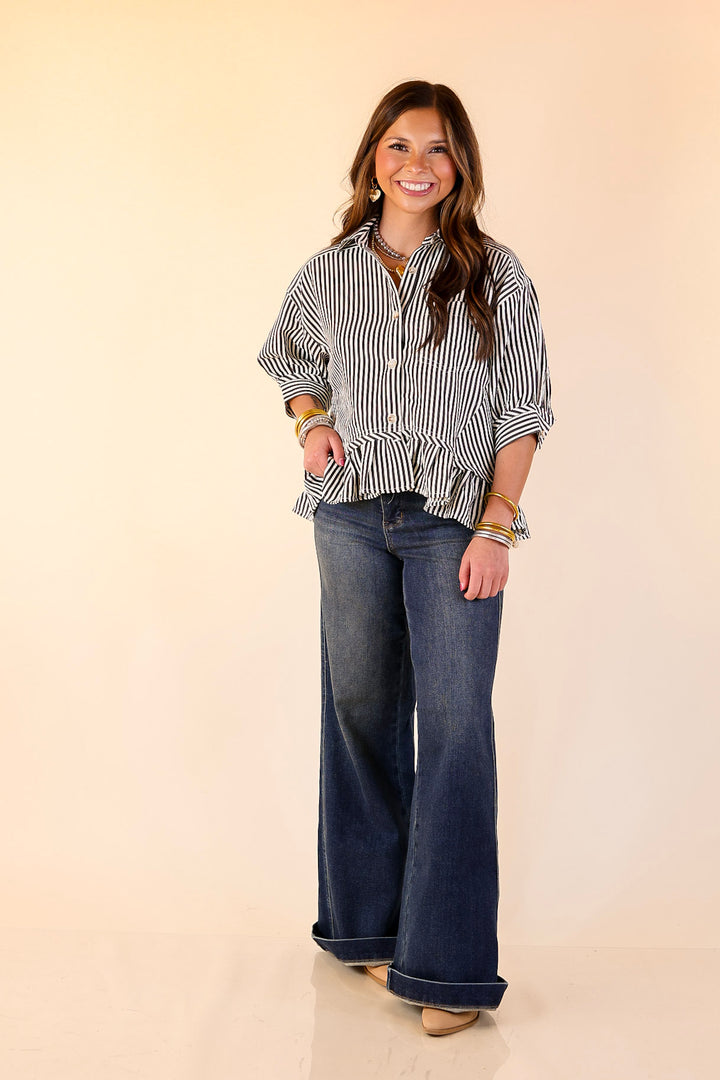 Style Agenda Striped Button Down Collared Top with Ruffle Peplum in Black