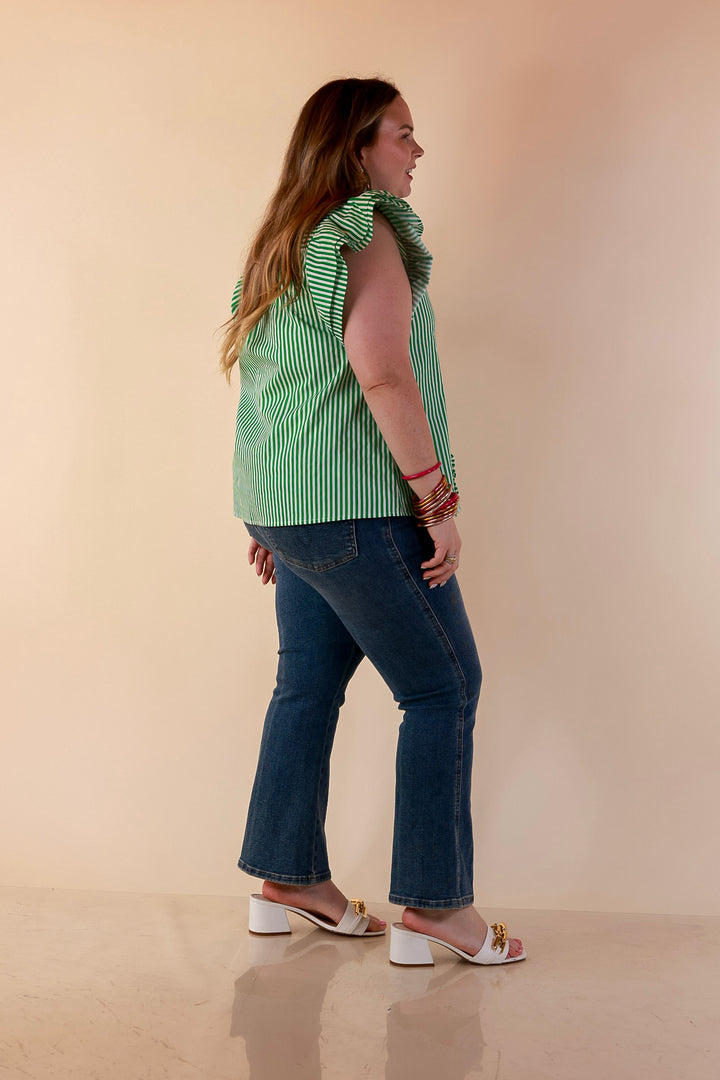 Polished Intentions Ruffle Short Sleeve Button Front Stripe Top in Green and White