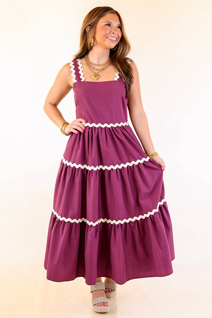 Timeless Twirl Midi Dress with Rickrack Detailing in Plum Maroon