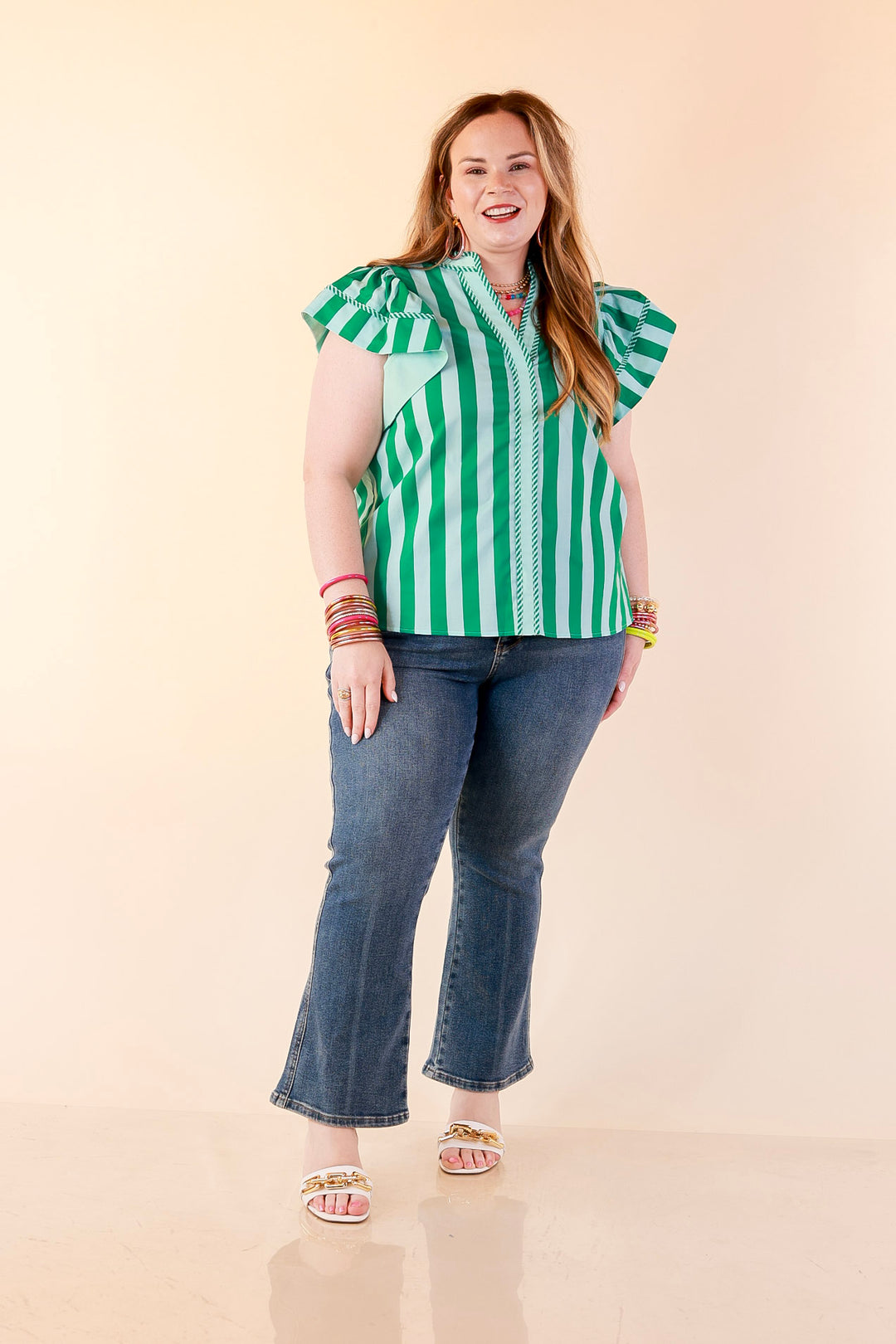 Simply Refined Striped Short Ruffle Sleeve Split Neck Stripe Top in Green and Blue