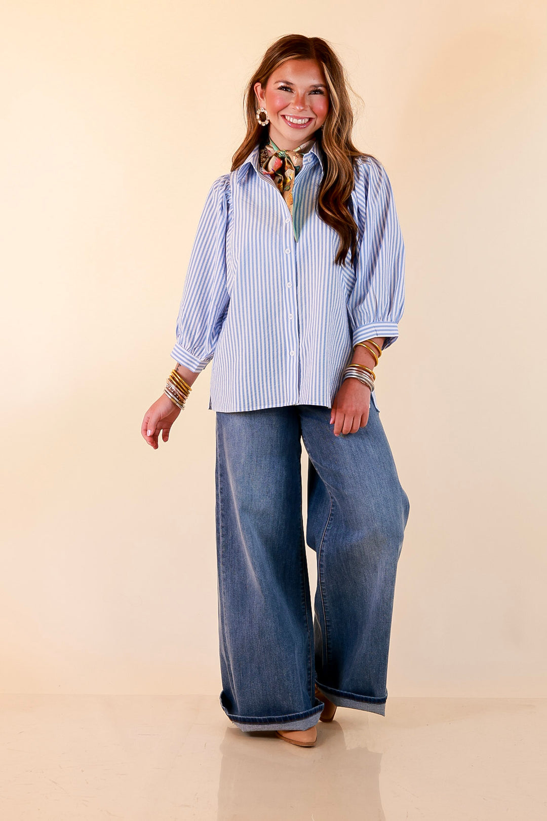 Crisp and Collected Stripe Button Front Collared Top with Puff Short Sleeves in Blue and White