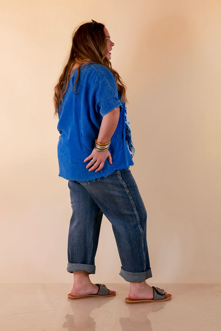 Everyday Ease Short Sleeve Linen Top with Raw Hem Edges in Ocean Blue