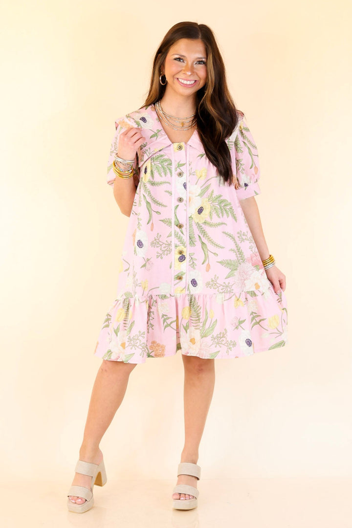 Call Me Charming Button Up Floral Print Dress with Peter Pan Collar in Light Pink