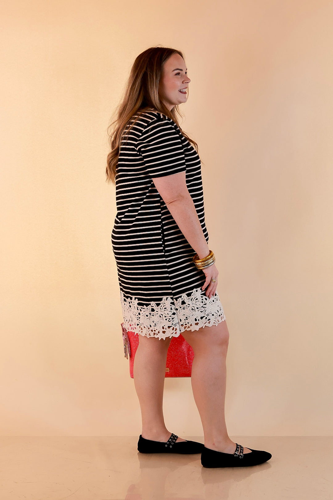 Beyond the Basics Striped Floral Lace Hem T-Shirt Dress in Black and Ivory