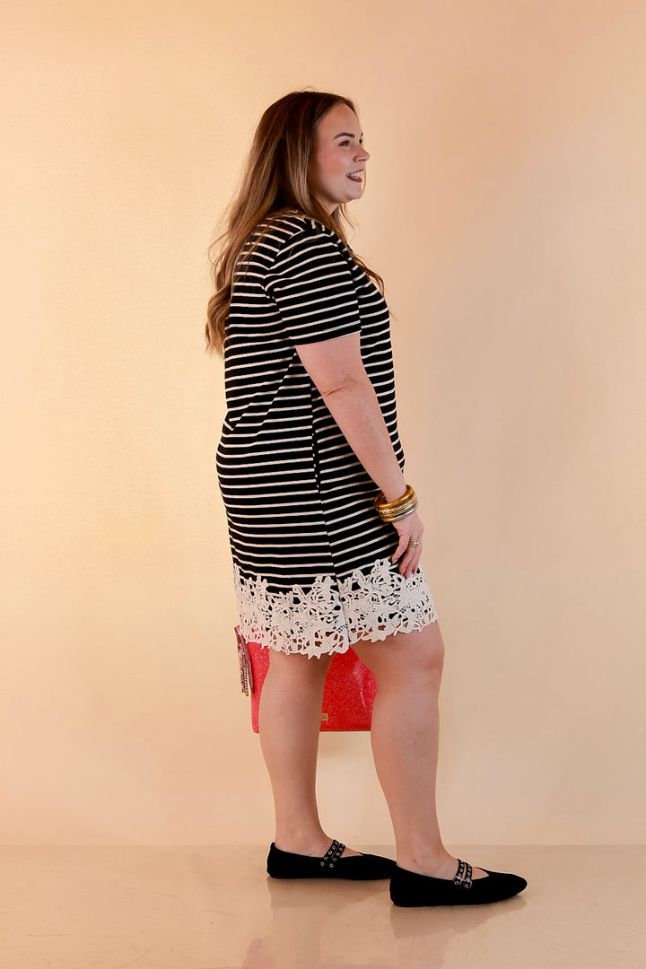 Beyond the Basics Striped Floral Lace Hem T-Shirt Dress in Black and Ivory