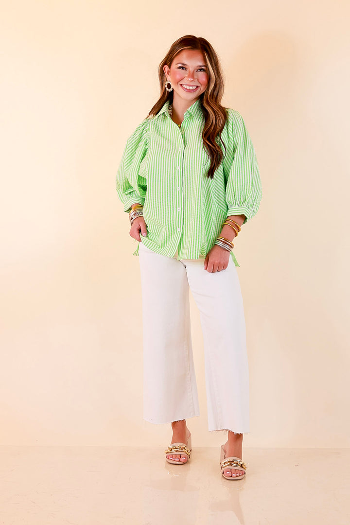 Crisp and Collected Stripe Button Front Collared Top with Puff Short Sleeves in Lime Green and White